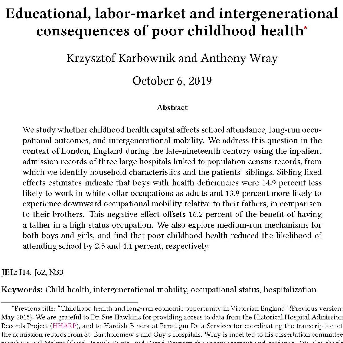 NHE_SDU's tweet photo. New NHE Discussion Paper by @chriskarbownik  and @AnthonySWray show that boys with health deficiencies were 14.9% less likely to work in white collar occupations as adults relative to their fathers, in comparison to their brothers.
https://t.co/6dB9F8UGIB https://t.co/an1Tf5Elyd