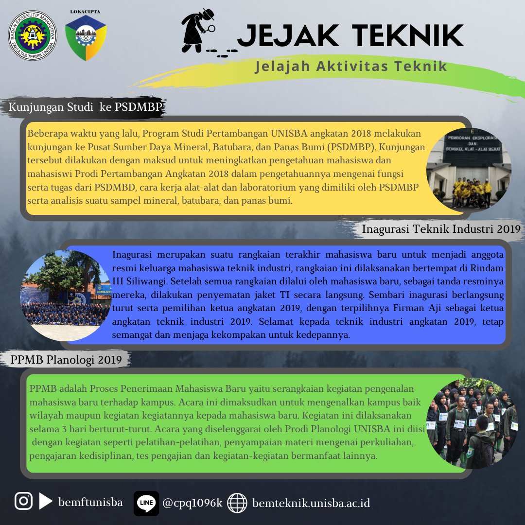 Jejak Teknik (Jelajah Aktivitas Teknik) 

Sekilas rangkuman aktivitas dari ketiga jurusan di Fakultas Teknik
Ayo disimak guys!!