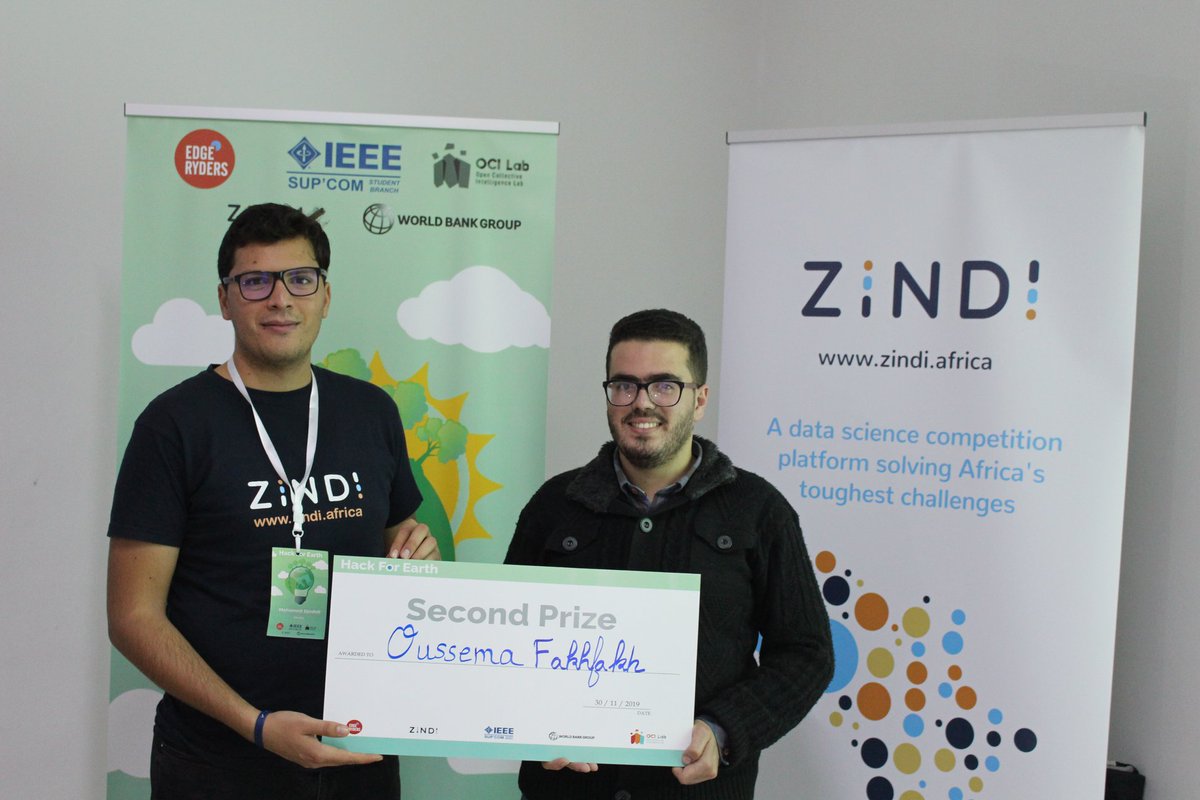 ZindiAfrica's tweet image. We are honored to present to you the winners of the Hack For Earth competition. 
Aziz Belkhir for winning the 1st prize 👏
Oussema Fakhfakh for winning the 2nd prize  🏆
Souha Gaaloul &amp;amp; Nermine Ali for winning the 3rd prize  🎉 

  @IEEESupComSB 
#ZindiHack #HackForEarth