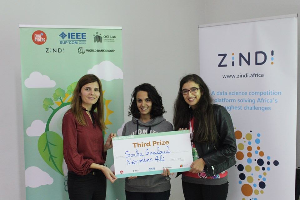 ZindiAfrica's tweet image. We are honored to present to you the winners of the Hack For Earth competition. 
Aziz Belkhir for winning the 1st prize 👏
Oussema Fakhfakh for winning the 2nd prize  🏆
Souha Gaaloul &amp;amp; Nermine Ali for winning the 3rd prize  🎉 

  @IEEESupComSB 
#ZindiHack #HackForEarth
