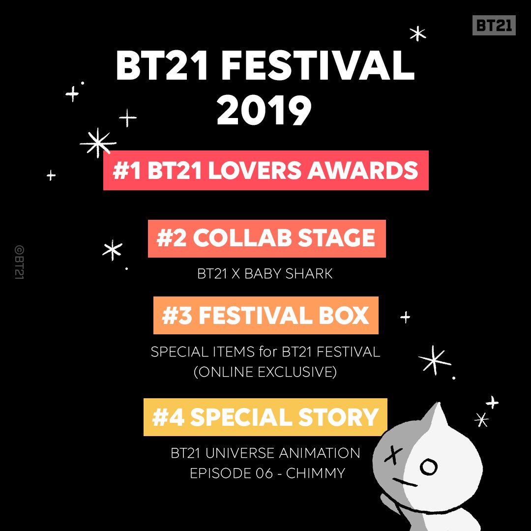 To all BT21 LOVERS; this time the spotlight is on you!✨

BT21 FESTIVAL 2019
COMING SOON

#BT21_FESTIVAL 
#BT21 #LOVERSAWARDS #COLLABSTAGE #FESTIVALBOX #SPECIALSTORY 
#Dec11th #ComingSoon