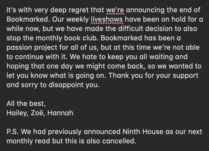 An important message from Bookmarked: