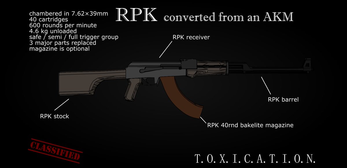 programerKelly's tweet image. The RPK might be heavier, but it also handles much better than the AKM! Compatibility with most AK parts and magazines makes it versatile and adaptable. She&apos;s perfect for any heavy, but still mobile loadout in the #TOXICATION !