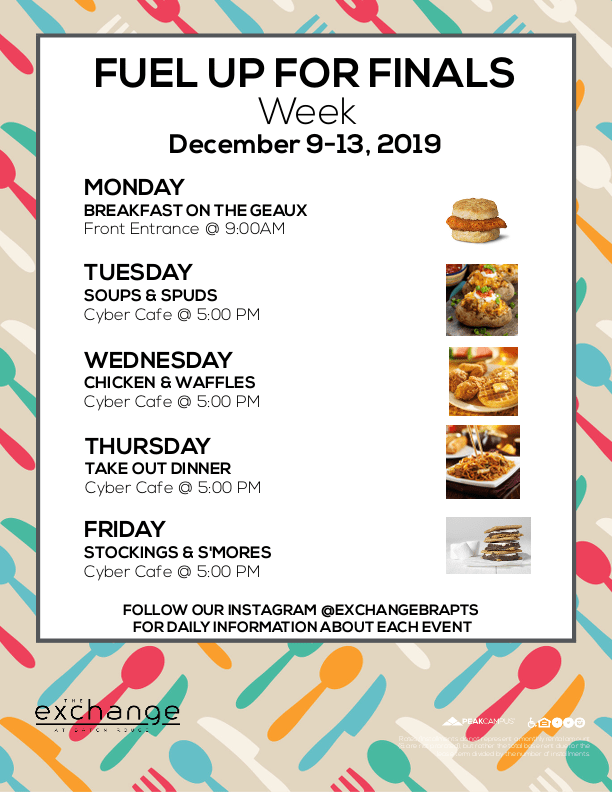 ExchangeBRApts's tweet photo. Join us for Fuel up for Finals this Week! Take a break that's well deserved and treat yourself plus bring a friend! Also, don't forget to ask about our amazing renewal deals of the season! https://t.co/wRhui0CAse
