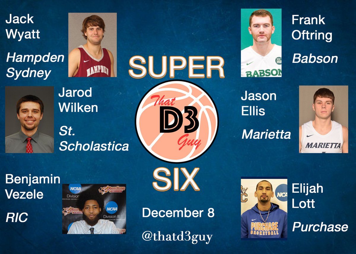 ThatD3Guy's tweet photo. SUPER 6⃣
December 8th

These guys put up some huge numbers and led their teams to some great wins this week. There are countless talented players around the nation, it is so hard to honor them all! 

#d3hoops #d3guy #SuperSix https://t.co/iXxACf0zQ0