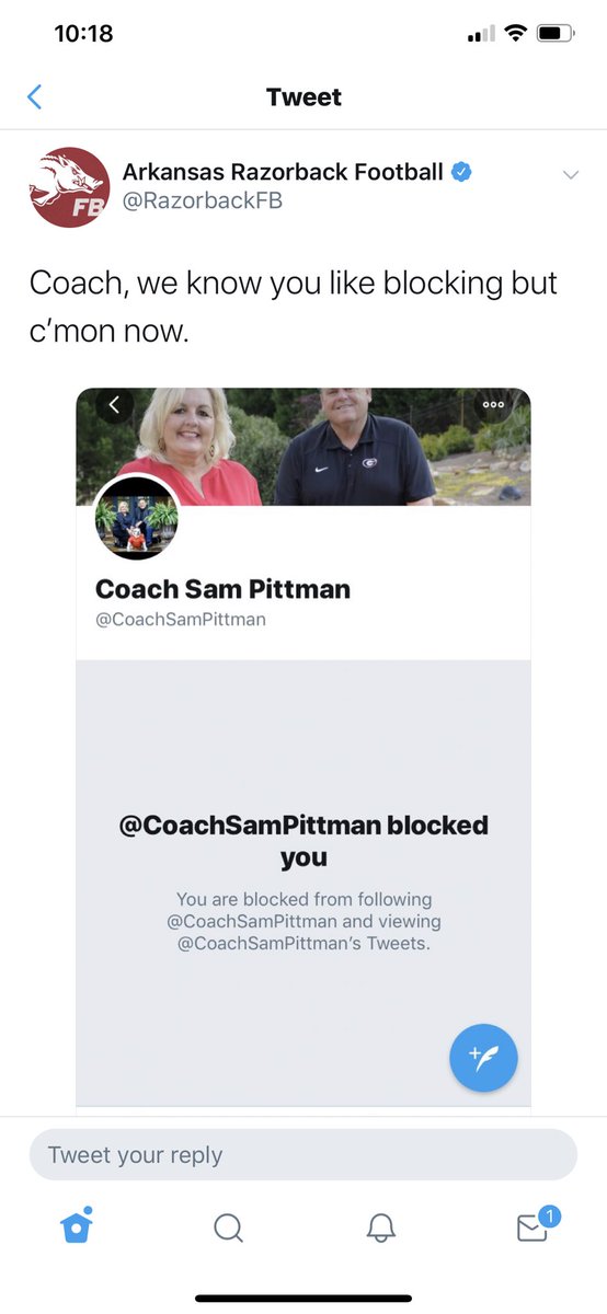 Jakewim's tweet photo. Official Arkansas football account is blocked by their new head coach.  This is off to a great start. Yea sir!!!! https://t.co/LfBjABHmeL