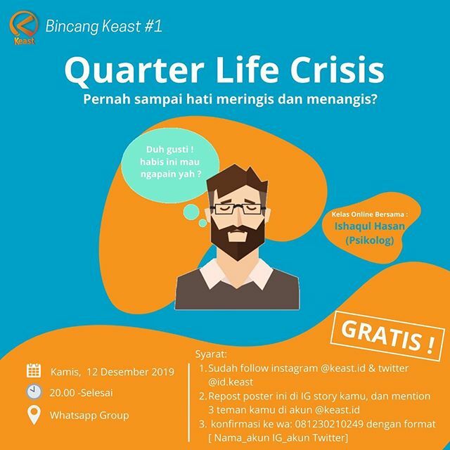 IdKeast's tweet photo. [ BINCANG KEAST #1 : QUARTER LIFE CRISIS ]
.
“Aku habis selesai kuliah ini mau kerja apa S2 yah?”
“Duuh, mau jadi apa ya? PNS, Pegawai swasta ? atau buka usaha sendiri?”
.
Pernahkan genk keast seperti itu, selalu terngiang-ngiang di pikiran dan hati genk-genk sekalian, bahka… https://t.co/12kmQCvg4w
