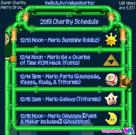 VidyaShorts's tweet photo. Join us Friday, December 13th beginning at noon and going all weekend long for a Mario marathon for charity! We will be playing many different Mario games with plenty of fun twists to raise money for children's hospitals via Extra Life. Starting Friday at  https://t.co/9u8HzIwjea https://t.co/NmCcvxKWGt
