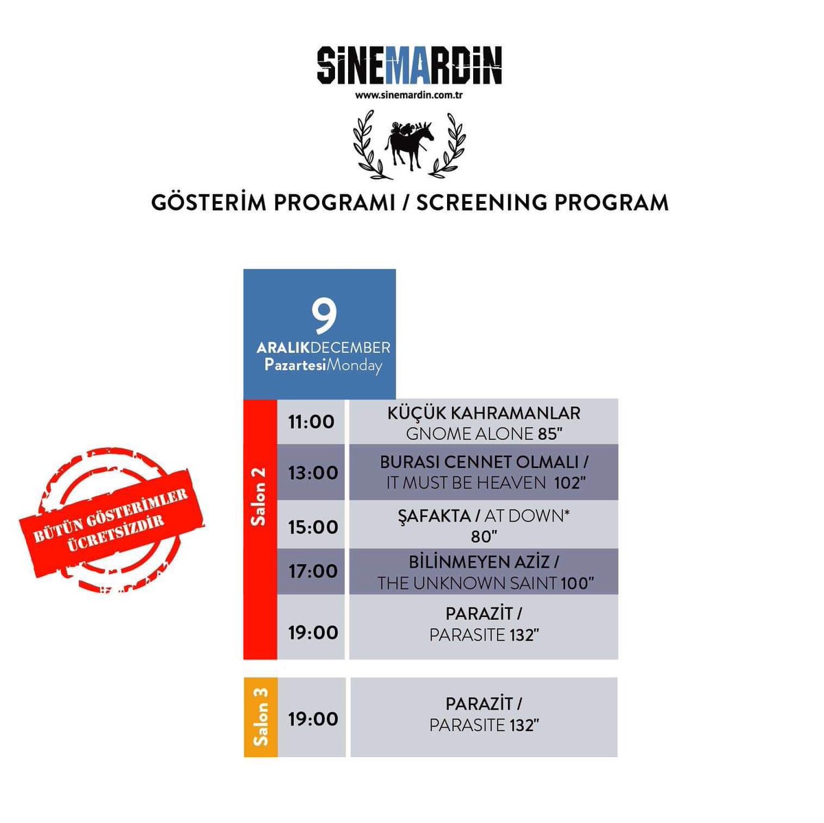 sinemardin's tweet photo. 13. SineMardin Film Festivali 9 Aralık Pazartesi gösterim programı... https://t.co/LIzsZxe4vo