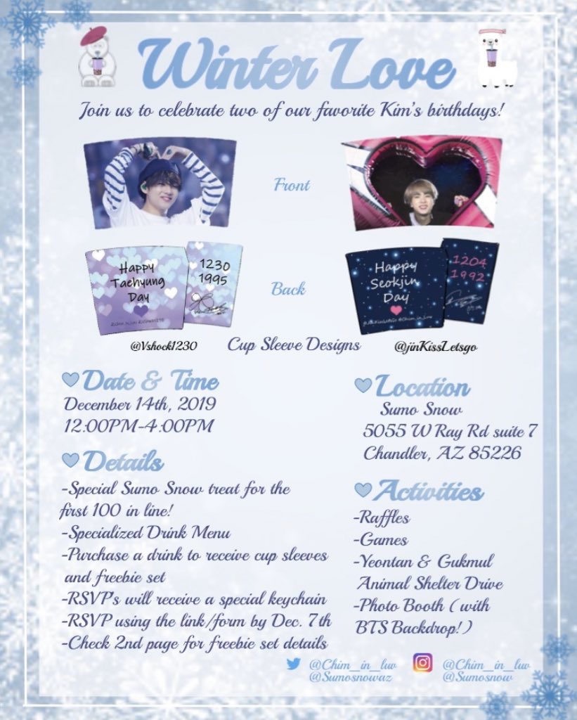 CHIM_IN_LUV's tweet photo. 6 DAYS TILL THE TAE JIN CUP SLEEVE EVENT AT SUMO SNOWWWWWWW !!! Who’s ready?!? 🥳🥳 ❄️ ❄️ 
#btsxaz #bts #taejin #taehyung #JINDAY  @sumosnowaz @VShock1230 @jinKissLetsgo https://t.co/TJ7KdUkbJC