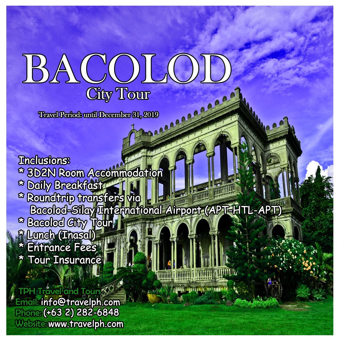 TravelPH9's tweet photo. 3 DAYS BACOLOD CITY TOUR
Minimum of 2 persons

For more inquiries please call:
Landline: (+63 2) 8 282-6848
Mobile: (+63) 918-238-9506
or Email us: info@travelph.com
#Bacolod
#Philippines
#TravelPH
#TravelWithNoWorries https://t.co/nBSyrMu3gg