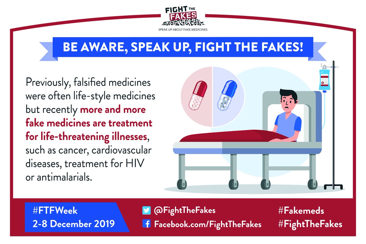 Fake medicines can destroy your life. It can create unexpected side effects, allergic reactions and can worsen medical conditions with unexpected effects that can even lead to death. It is very important to curb their manufacturing.
@FightTheFakes 
#FTFweek, #fakemeds