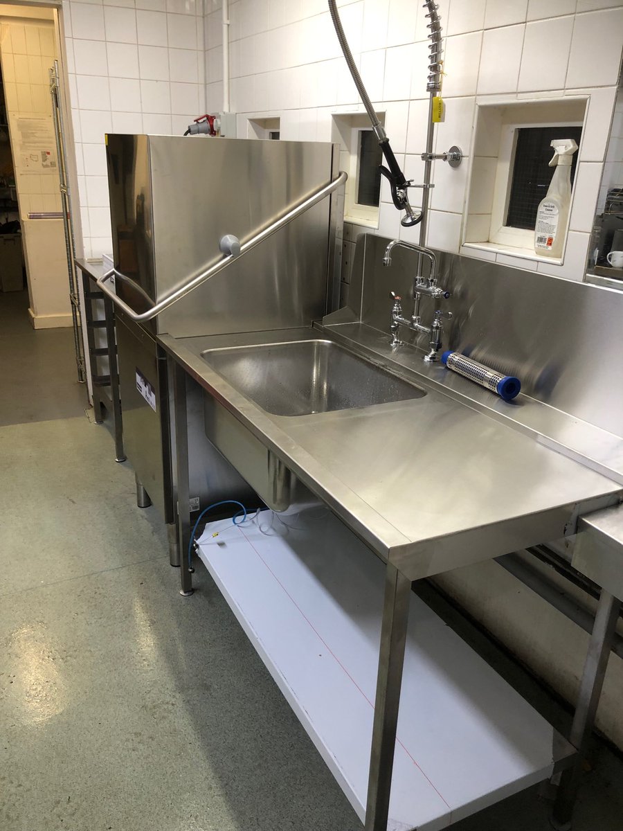 adventcatering's tweet photo. Busy week for the install team, getting all those nice new appliances ready for X-mas! Dirty side sink complete with pre-rinse, #@maidaid hooded dishwasher and new clean run off table. https://t.co/xIfZQlbU43