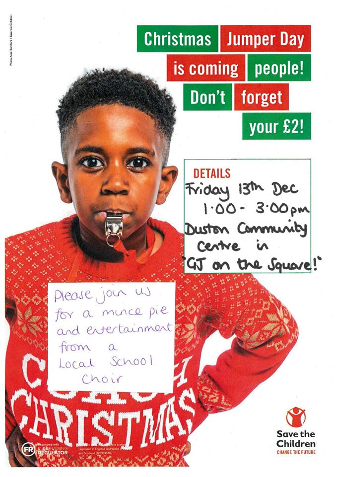 Duston Parish Council are hosting a Christmas Jumper Day event this Friday - join them for a singalong and a mince pie to raise money for Save the Children