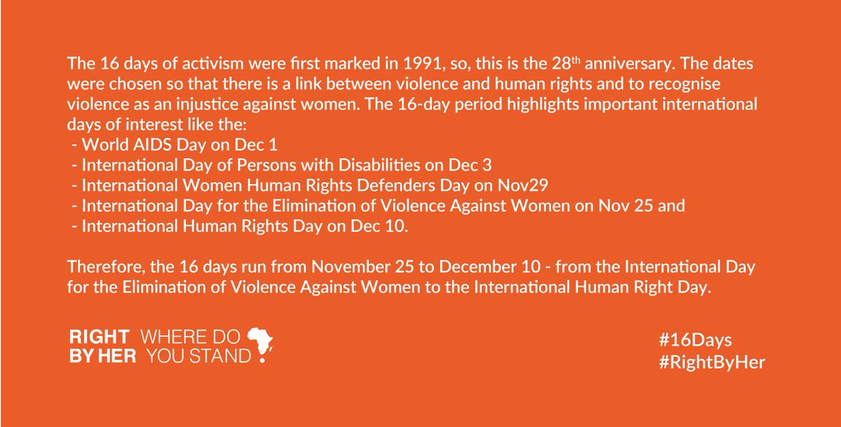 <a href="/ippf/">IPPF Global</a> <a href="/PPAGGhana/">Planned Parenthood Association of Ghana (PPAG)</a> <a href="/FHOKenya/">Family Health Options Kenya</a> <a href="/ippfen/">IPPF European Network</a> <a href="/atbeftogo/">ATBEF TOGO</a> <a href="/RHASS_S_SUDAN/">Reproductive Health Association of South Sudan</a> <a href="/AMODEFA1/">AMODEFA</a> <a href="/Maj_Cotonou/">Maj Cotonou</a> <a href="/majcomores/">YAM/MAJComores</a> <a href="/PSH_SRHR/">PartnersSexualHealth</a> The #16DaysOfActivism run from November 25 to December 10; from the International Day for the Elimination of Violence Against Women #idevaw2019 to the International Human Rights Day #HumanRightsDay. 

#16Days 
#RightByHer