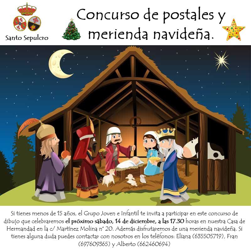 GJSantoSepulcro's tweet photo. Si tienes menos de 15 años, el Grupo Joven e Infantil te invita a participar en este concurso de dibujo que celebraremos el próximo sábado, 14 de diciembre a las 17.30 horas en nuestra Casa de Hermandad en la c/Martínez Molina n° 20. Además disfrutaremos de una merienda navideña. https://t.co/D8wcmVlp6t
