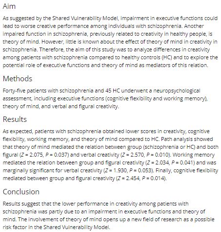 deustoNeuroLab's tweet photo. ⚠️New #paper out! (and it's #openaccess😏)

Mediating #role of #cognition and #socialcognition on #creativity among patients with #schizophrenia and healthy controls: Revisiting the #SharedVulnerabilityModel

https://t.co/fQjNlCJB56

Congrats to all the authors!🎊☺️

#research https://t.co/dRNYQX4S5O