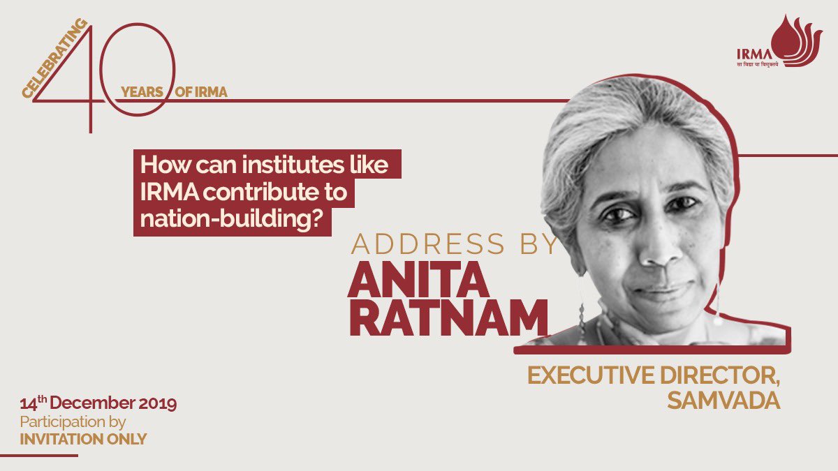 IRMAOfficial79's tweet photo. Gear up for an address by Ms. Anita Ratnam, Executive Director, SAMVADA on IRMA's role in the development of the country on our 40th Foundation Day. https://t.co/k8PRe3B89n