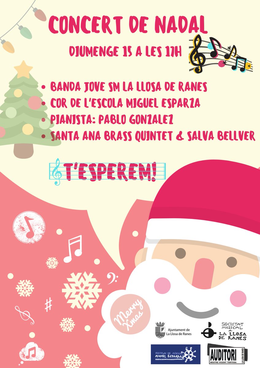 Concert de Nadal'19

El proper diumenge 15 de desembre a les 17:00 a l’Auditori Municipal de la Llosa de Ranes tindrà lloc el ja tradicional Concert de Nadal.
emme.news.blog/2019/12/09/con…