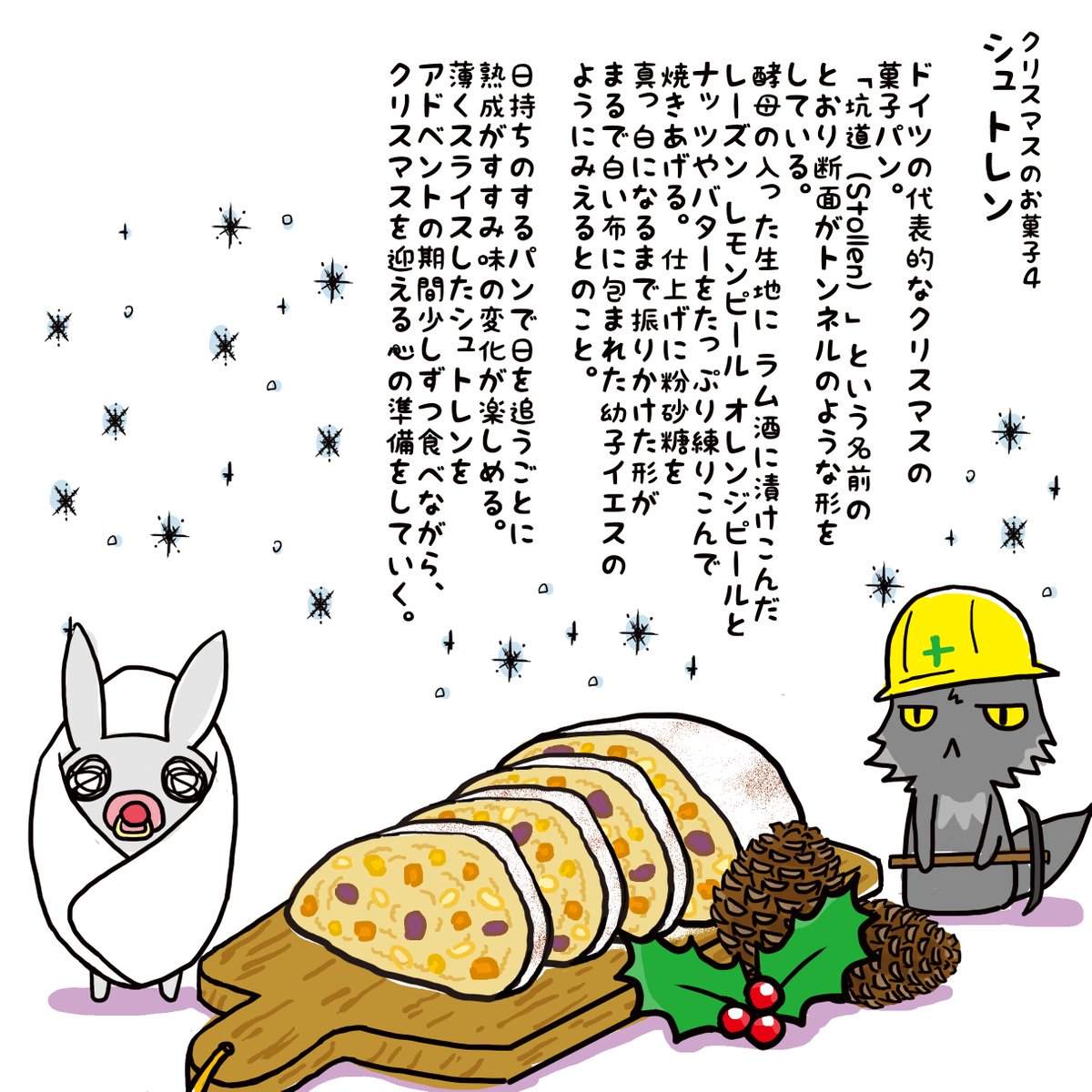 せきぐちあゆみ Auf Twitter 意外とこのパンは崩れやすいそうで 硬いかと思ってたよ 日本語でシュトーレンと書いてあるけどどうも これは訛りらしい クリスマス クリスマスのお菓子 お菓子 シュトレン イラスト 黒猫 うさぎ せきぐちあゆみ Auf Twitter 意外とこのパンは崩れやすいそうで 硬いかと思ってたよ 日本語でシュトーレンと書いてあるけどどうも これは訛りらしい クリスマス クリスマスのお菓子 お菓子 シュトレン イラスト 黒猫 うさぎ
