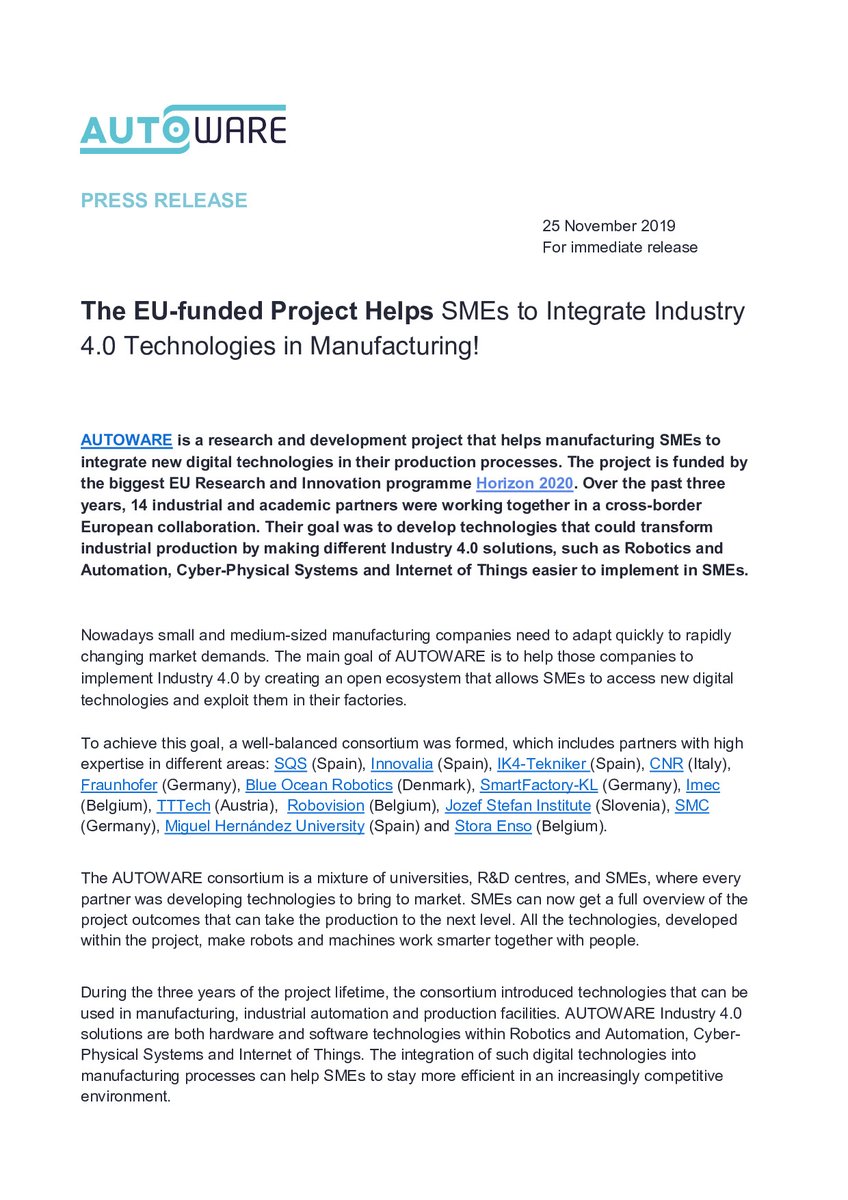 SmartFactoryKL's tweet photo. Press Release "AUTOWARE" 
The EU-funded project helps SMEs to integrate Industry 4.0 technologies in manufacturing! We are part of it.
@Autoware_eu @olazaro74 @Innovalia_DIH @IK4_TEKNIKER @imec_int @UniversidadMH @smc_deutschland @robovision @DFKI https://t.co/vmMMunL4c6