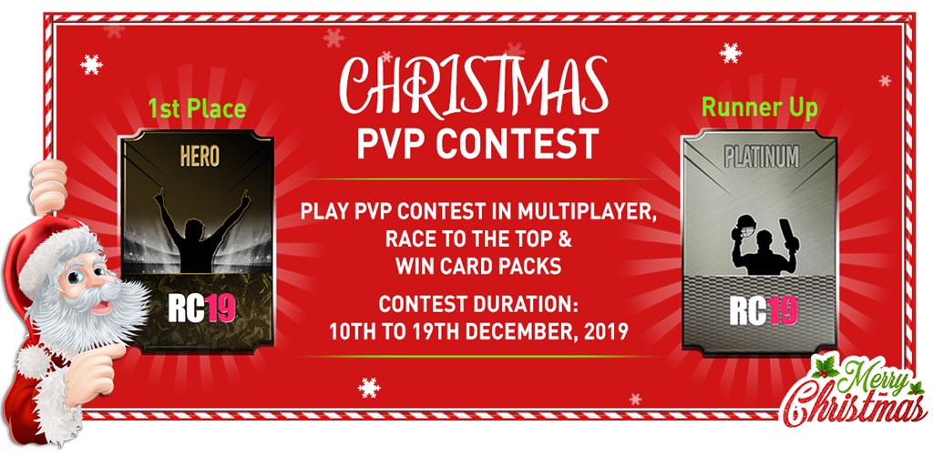 RealCricket20's tweet photo. Hello all,
Real Cricketβ’ 19 - Season 2 is now live on both #playstore and @AppStore , along with an all new Christmas PvP Contest.
Thank you for your patience and support.
#RealCricket19 #RealTimeMultiplayer #MerryChristmas π https://t.co/Y51ipCNUdN