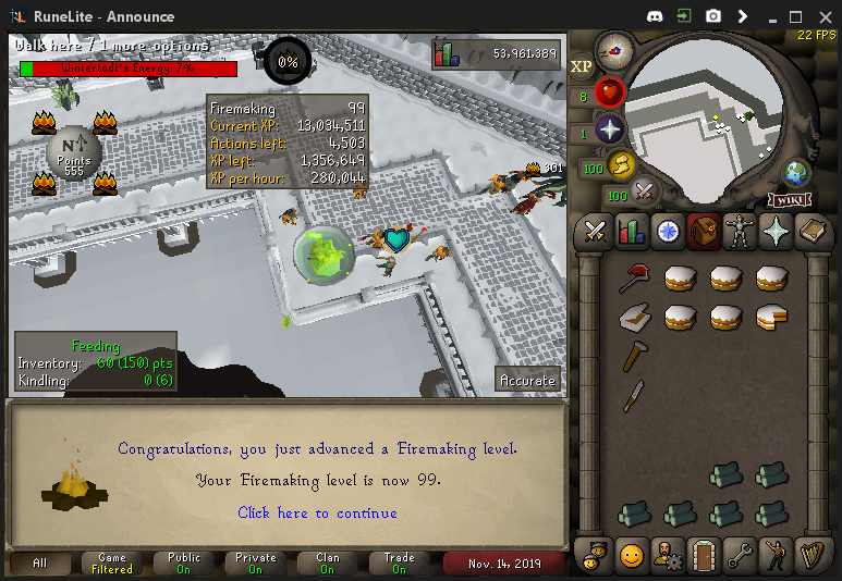 Haven't posted anything in a long time. But here is me getting 99 Firemaking. =D I'll be doing some more Wintertodt later to finish the Collection Log. Still need to get the Dragon Axe and Pet. Long way to go I guess