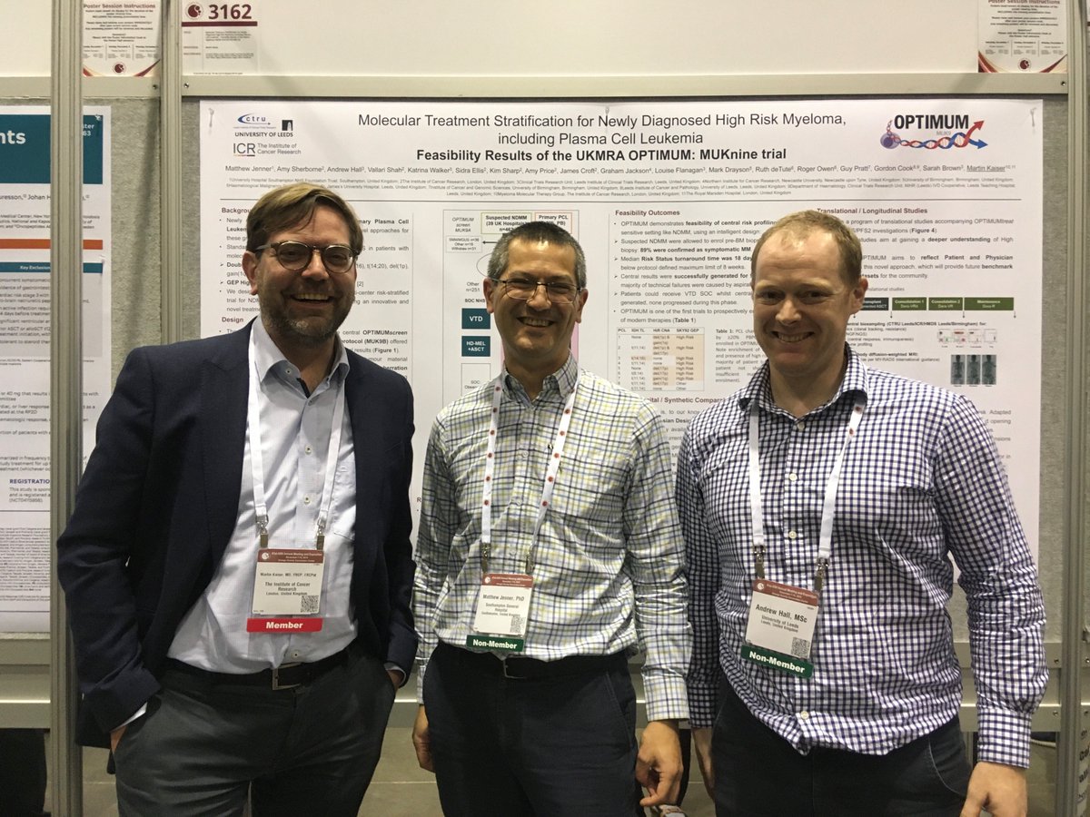 Last nights poster session with Matthew Jenner, Andrew Hall and <a href="/MyMKaiser/">Martin Kaiser</a> with the optimum (MUK9) poster 👏👇 Great to see <a href="/LeedsCTRU/">Leeds CTRU</a> results out there! #ASH2019 #ASH19
