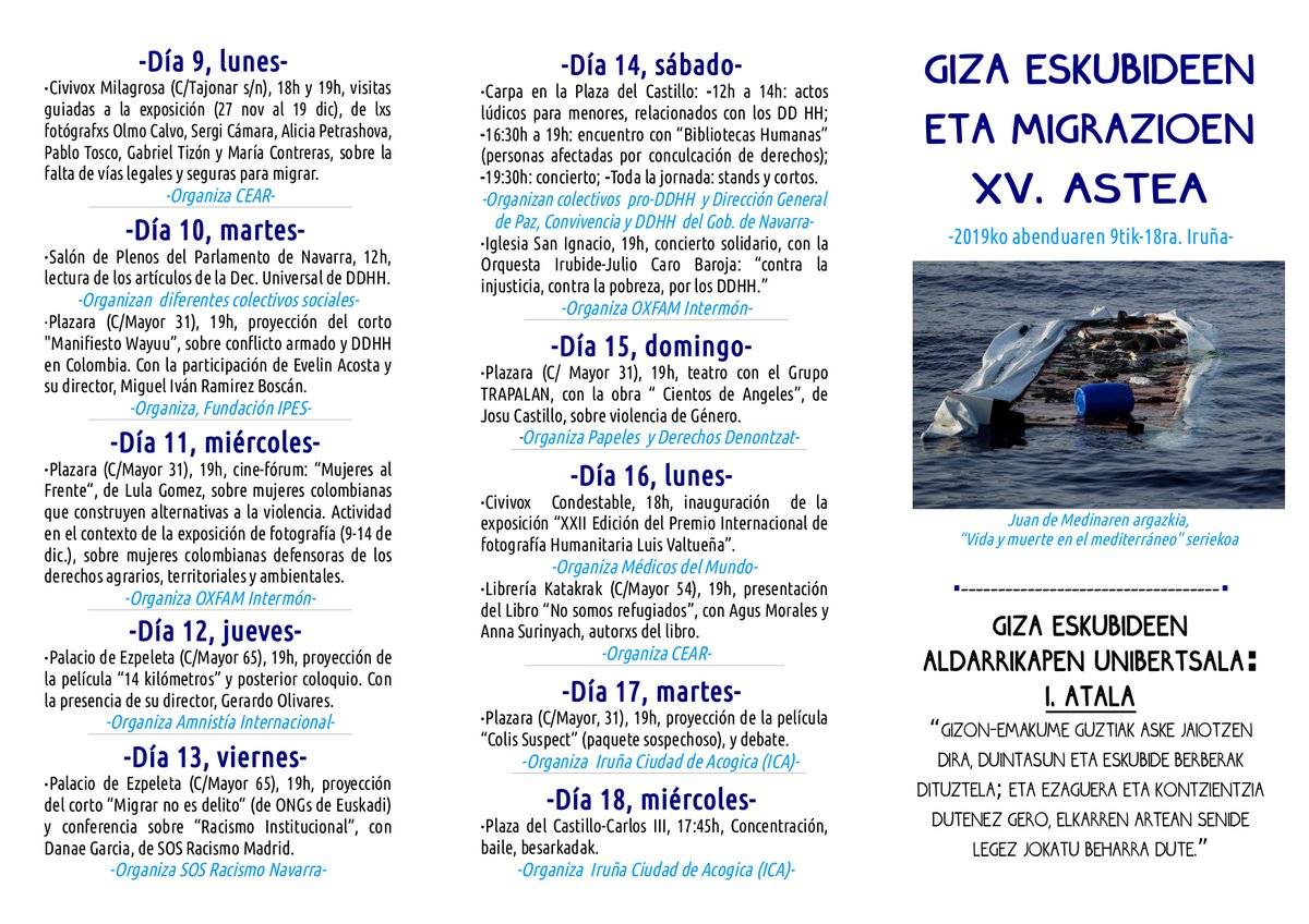Hoy rueda de prensa 12.00 h en <a href="/plazara31/">PLAZARA!</a> presentación de la XV semana sobre DDHH y Migraciones del 9 al 18 Diciembre, con actividades de <a href="/CEARefugio/">CEAR</a> Navarra, <a href="/ipesnavarra/">IPES</a> @OIenNavarra <a href="/amnistianavarra/">Amnistía Internacional Navarra-Nafarroa</a> <a href="/SOSracismoNafar/">SOS Racismo Nafarroa</a> Papeles y Derechos Denontzat <a href="/AcogidaIrunea/">Iruñea Ciudad de Acogida</a> <a href="/MdM_Navarra/">Médicos del Mundo Navarra</a>