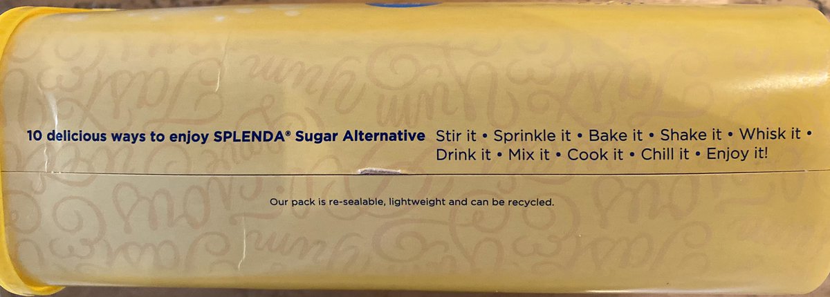 Seamb74's tweet photo. To include ‘shake it’ as one of the ten ways to enjoy Splenda is already stretching it, but to then include ‘enjoy it’ suggests there aren’t as many ways as they were hoping. #splenda #sugaralternative #enjoyit https://t.co/0XYiYF3EvP