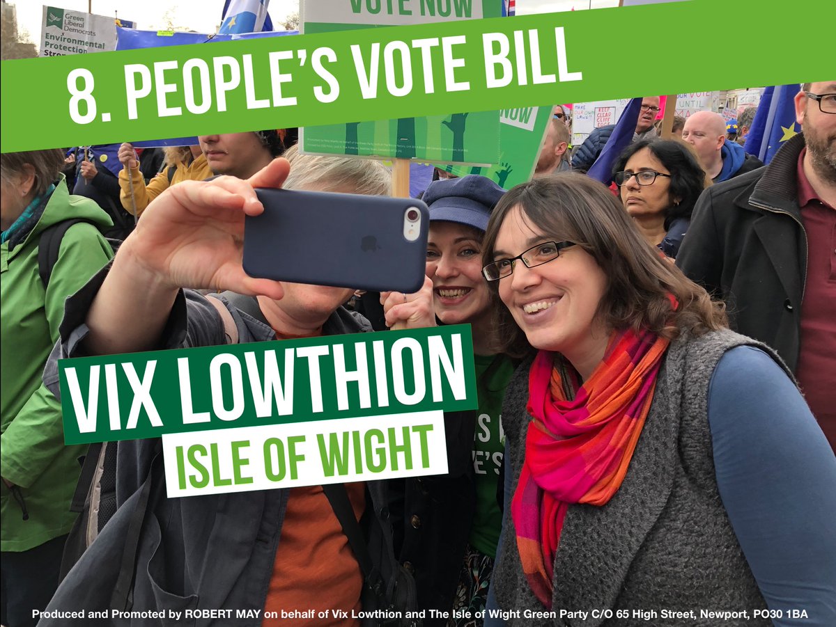 IOWGreenParty's tweet photo. Peopleβs Vote Bill - to give the people a final say on the Brexit deal and campaign to remain.
As our candidate has been back by @unitetoremain if elected @VixL would fight for a peopleβs vote and campaign to remain!
#VoteVix #VoteGreen2019 #Peoplesvote #GeneralElection19 https://t.co/FeBBFPHIRa