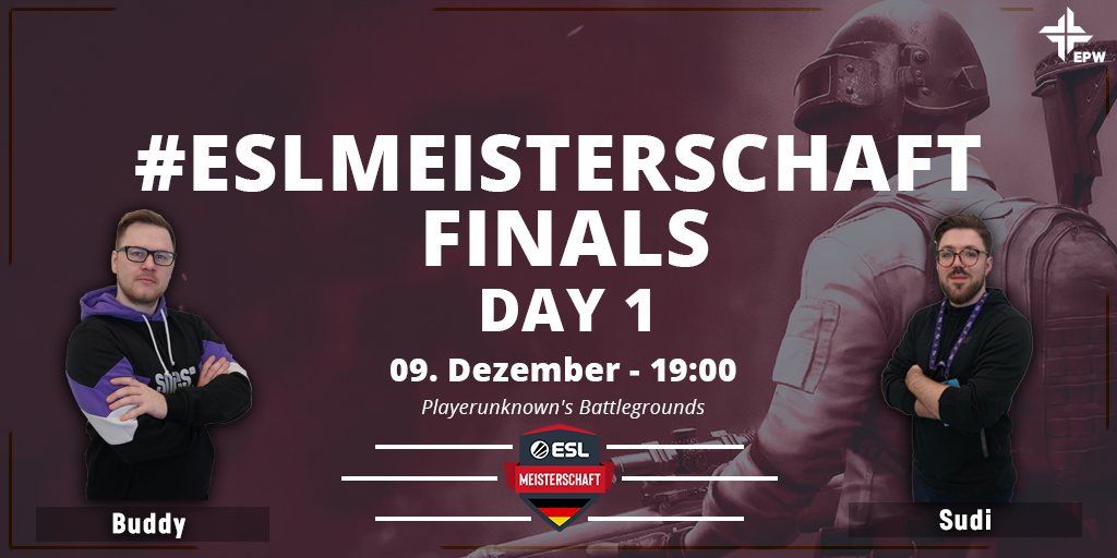 FINALE, OLE OLE! Es erwarten euch vier mitreißende Tage voller Action! Wer holt sich den Titel der <a href="/PUBG_DE/">PUBG: BATTLEGROUNDS Deutschland 🇩🇪</a> #ESLMeisterschaft ?

Wer sind eure Favoriten? Lasst uns darüber diskutieren!

⏰ 19 Uhr
🎙️ <a href="/SuperBuddyYT/">Ben Buddy Peters</a> &amp; <a href="/sudi_pubg/">Nico</a> 
📺 twitch.tv/esl_pubg_de