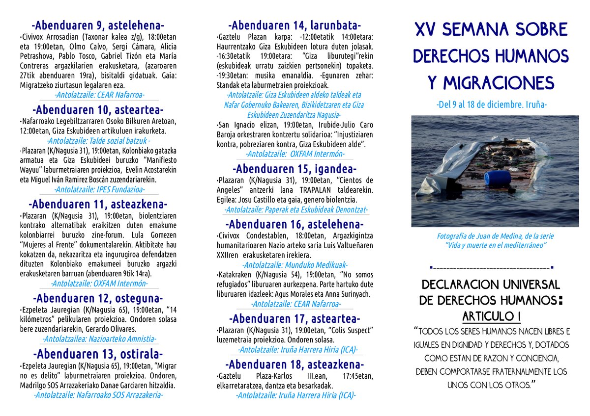 Gaur, <a href="/plazara31/">PLAZARA!</a> prentsaurrekoa 12:00tan Giza Eskubideen eta Migrazioen XV. astea aurkezteko (abe 9tik-18ra). <a href="/CEARefugio/">CEAR</a> Navarra, <a href="/ipesnavarra/">IPES</a> @OIenNavarra <a href="/amnistianavarra/">Amnistía Internacional Navarra-Nafarroa</a> <a href="/SOSracismoNafar/">SOS Racismo Nafarroa</a> Papeles y Derechos Denontzat <a href="/AcogidaIrunea/">Iruñea Ciudad de Acogida</a> <a href="/MdM_Navarra/">Médicos del Mundo Navarra</a> erakundeen jarduerekin.