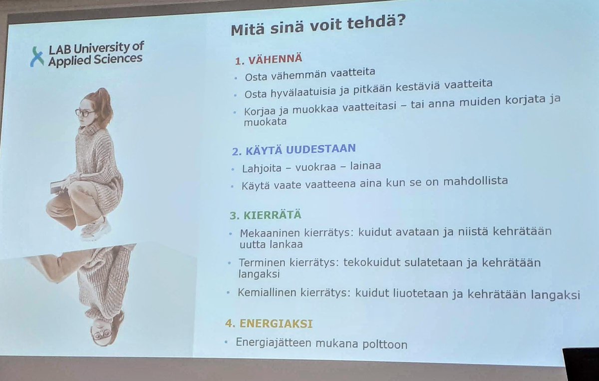 In Finland, an average of 13-15 kg/person/year of #textilewaste is produced. What shall we do to minimize it?@KirstiCura from #telaketju says:' 1. buy fewer clothes & repair 2. give, reuse & rent clothes 3.recycle & 4. energy use.' 
#puoltoista @EuropeCECI @LAMKfi @LABfinland