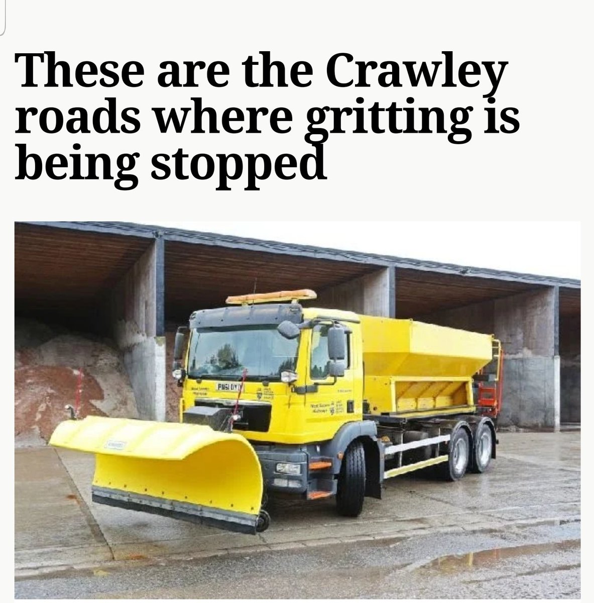 Jamiemckeever's tweet photo. More Tory cuts affecting Crawley gritting. 
#Slipperyslope #ToriesOut #VoteLabour #PeterLamb https://t.co/Y04HcFwu94