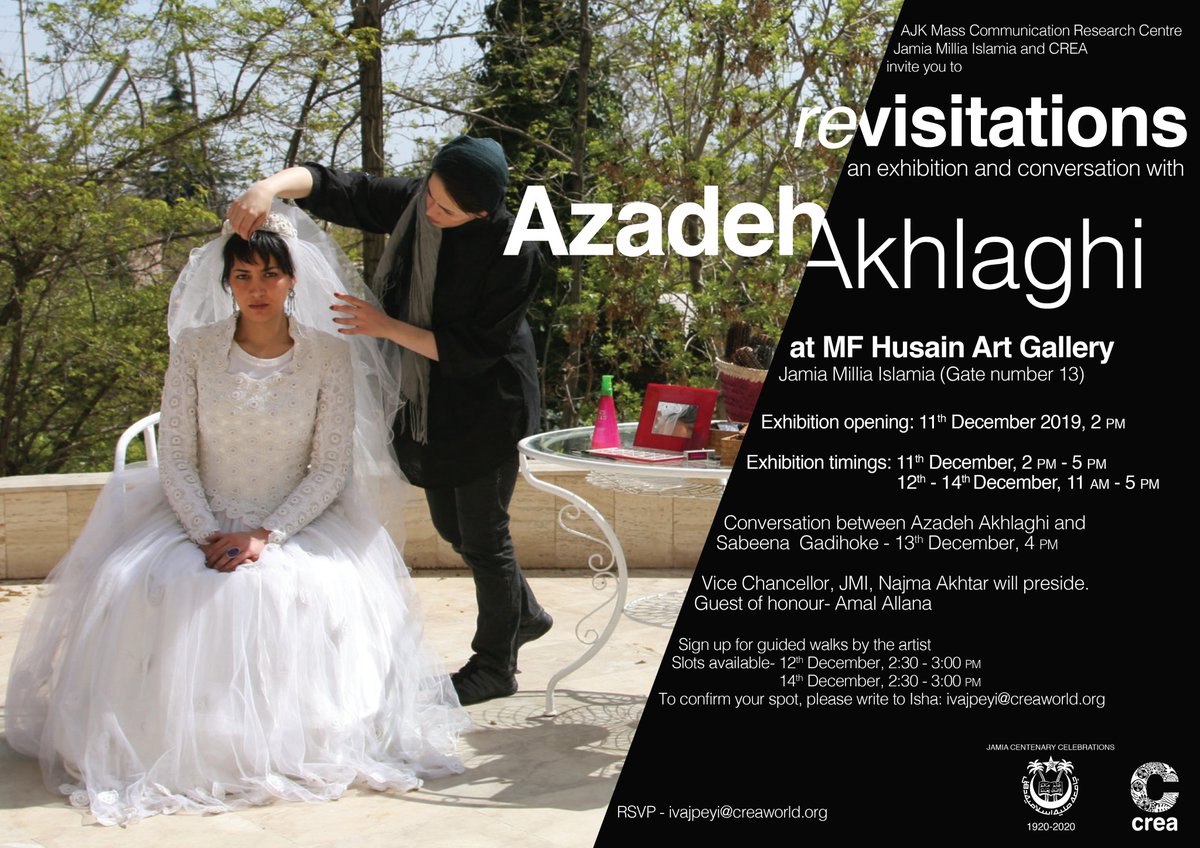 ThinkCREA's tweet image. #EventAlert

Calling all the #artivists #feminists #allies in #Delhi - we bring you #revisitations - An Exhibition &amp;amp; Conversation with #AzadehAkhlaghi + guided walks by the artist herself😍

When: 11-14 Dec'19
Where: MF Husain Art Gallery, Jamia Millia Islamia
More details👇