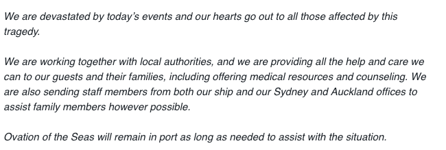 Latest statement from <a href="/RoyalCaribbean/">Royal Caribbean</a> on NZ volcano eruption