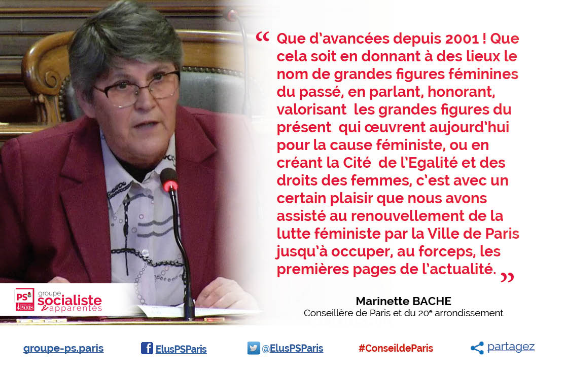 .<a href="/marinettebache/">Marinette BACHE</a>
📌donner à des lieux le nom de grandes figures féminines
💪Valoriser celles et ceux qui œuvrent pour la cause féministe
♀️Créer la Cité de l’Egalité et des droits des femmes

➡️ <a href="/Paris/">Paris</a> participe depuis 2001 au renouvellement de la lutte féministe
#ConseilDeParis