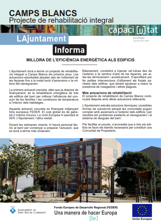 ⚠️Aviat començarem a treballar en la rehabilitació de tots els edificis de Camps Blancs per millorar la seva eficiència energètica. La intervenció, finançada amb fons FEDER, permetrà millorar el confort dels habitatges i reduir el consum energètic 🌍
#SantBoi #TransicióEnergètica