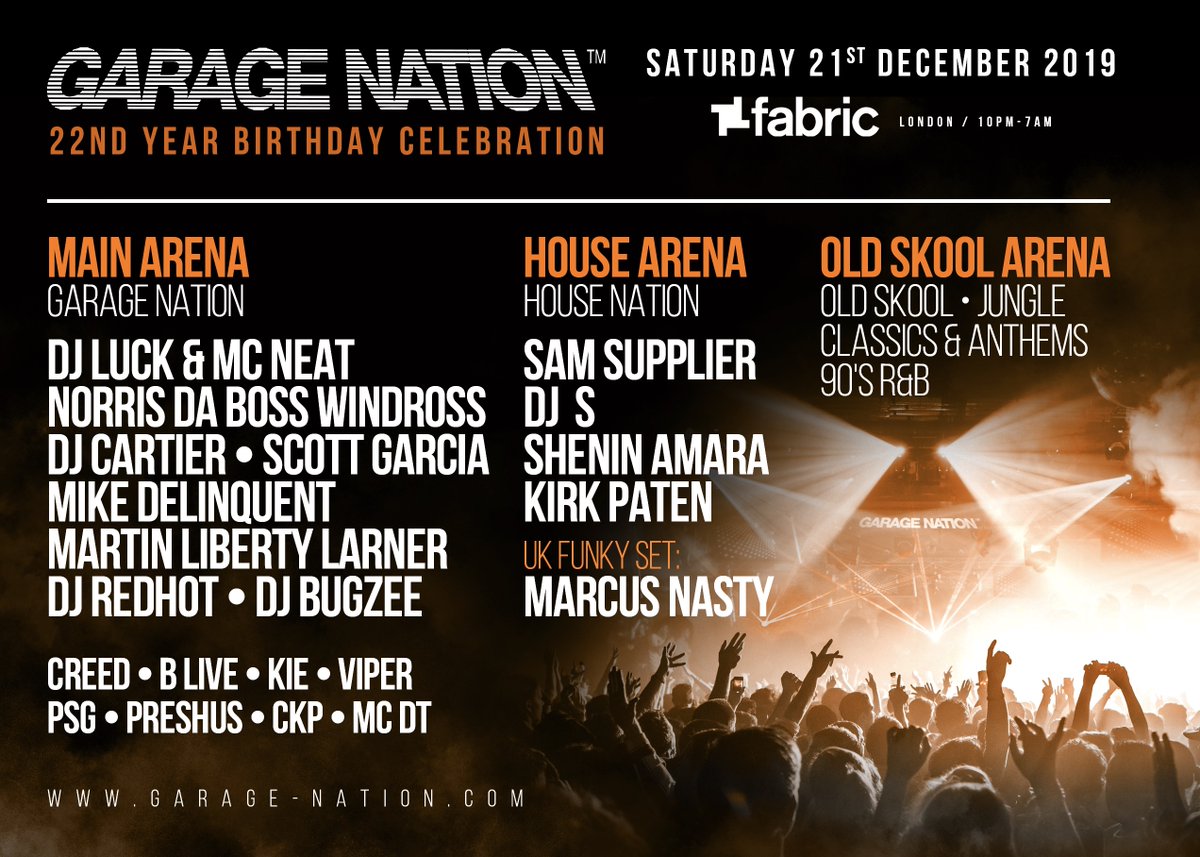 NEXT SATURDAY 21st December! lands at the iconic <a href="/fabriclondon/">fabric</a>
for Garage Nation's 22nd Year Birthday Celebration!

Tickets: garage-nation.com/fabric