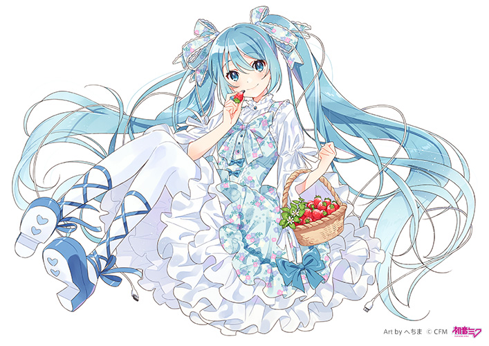 hatsune miku 1girl fruit basket solo food dress holding  illustration images