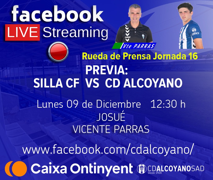CD_Alcoyano's tweet photo. 🎥 Sigue la rueda de prensa previa a la decimosexta jornada de hoy lunes a las 12:30, en nuestro Facebook Live.
👉 Club Deportivo Alcoyano SAD
#ResurgirCDA #Collao #decimosexta #SillaAlcoyano #VicenteParras #Josue #ruedadeprensa #terceradivision #terceradivisiónprofesional https://t.co/TufEvB6HGo
