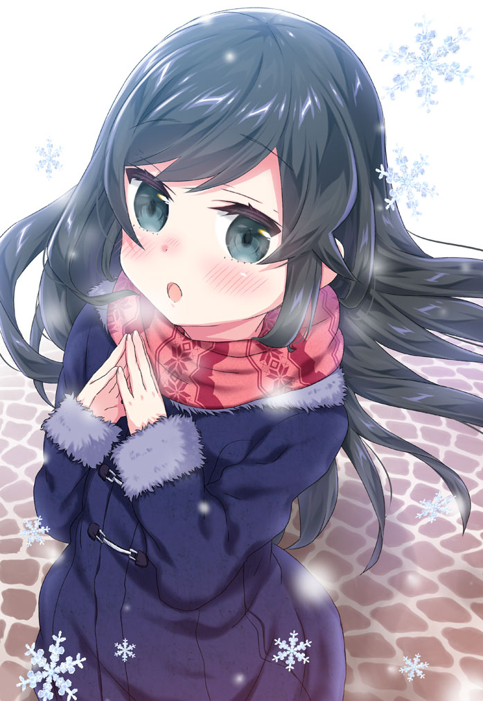 asashio (kancolle) 1girl solo long hair scarf black hair fur trim blush  illustration images