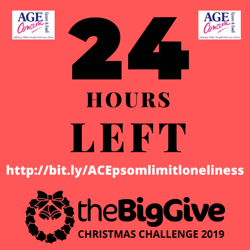 AgeConcernEpsom's tweet photo. There is just 24 hours remaining until our Big Give donation lines close. Please dig deep and help us raise funds for our befriending service. Can YOU help us to make a change and help #LimitLoneliness. #volunteering #thebiggive #christmaschallenge19 #onthedouble #epsom https://t.co/s73pX16veb