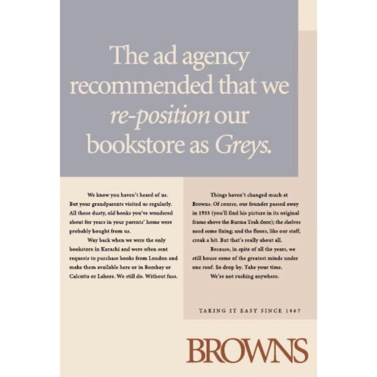 DHamidi's tweet photo. BROWNS

When a small, family-owned bookstore wanted to re-launch itself after 50 years, they asked a small, like-minded ad agency what it takes to survive.

For more work visit https://t.co/qX6XIcYlN3

#TheDHamidiPartnership #ThinkingAllowed #ThinkersBelieversDreamers https://t.co/8NLGsOSPVd
