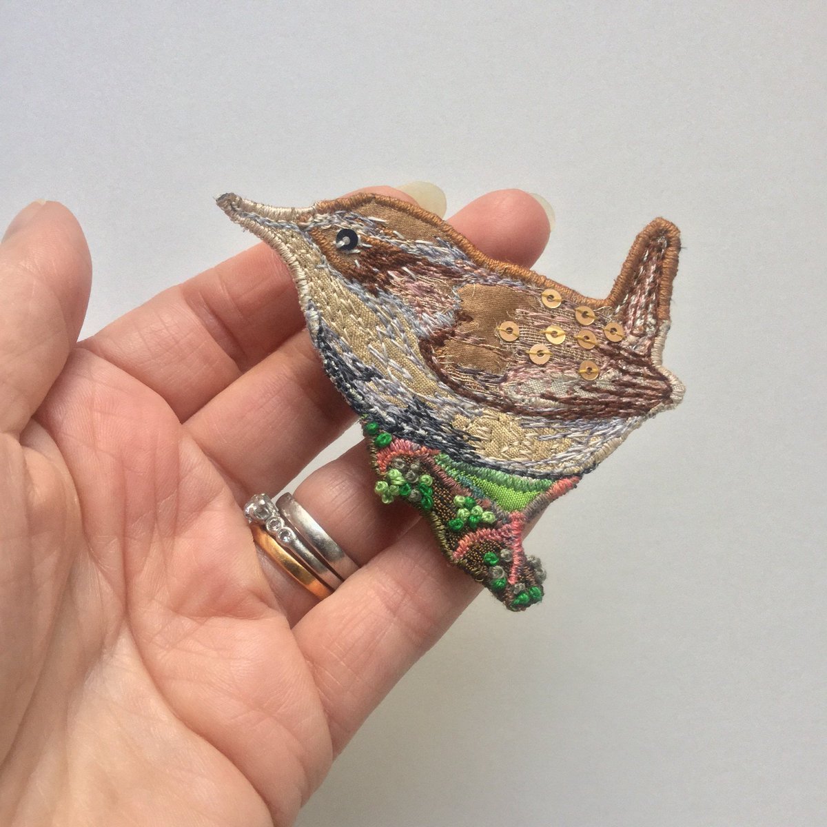 Excited to share this item from my #etsy shop: Wren, bird brooch/pin  in pure silk with embroidery and hand beading. 7cm long etsy.me/2sd82gA