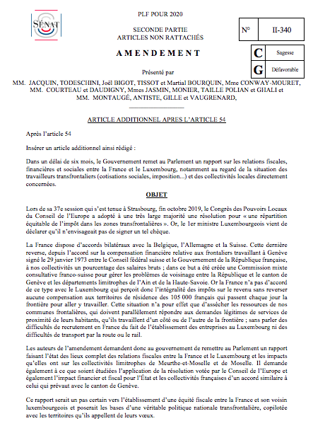 Jacquin_Olivier's tweet photo. 🇫🇷🇪🇺🇱🇺 Suite à ma #QAG, j'ai déposé un amendement au #PLF2020 avec @JM_Todeschini demandant un rapport complet sur les relations financières et fiscales que la France entretient avec le Luxembourg, et leurs impacts sur les coll terr voisines.
➡️https://t.co/q07D4kudqA https://t.co/KszNgTgAUY