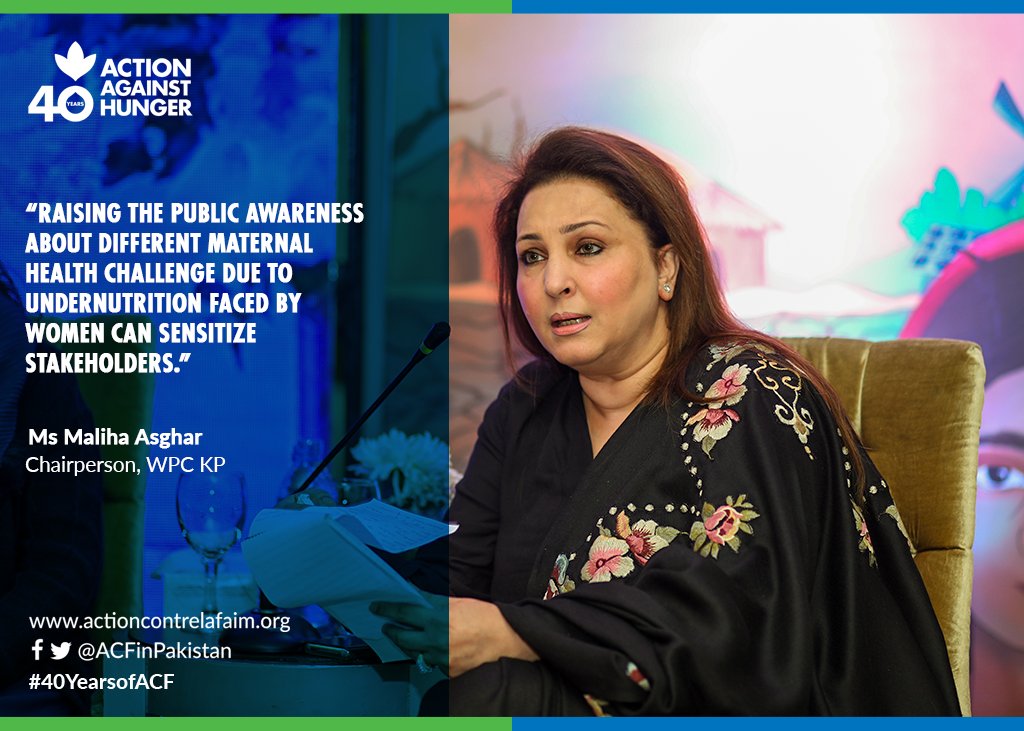 ACFinPakistan's tweet photo. “Raising the public awareness about different Maternal Health Challenge due to under-nutrition faced by women can sensitize stakeholders.”

Ms Maliha Asghar, Chairperson, WPC KP
#40YearsofACF or #ACFinPakistan. https://t.co/bx7i31r345