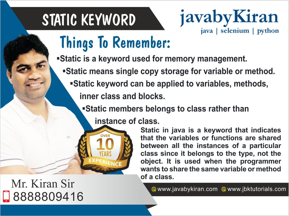 javabykiran's tweet photo. Things to remember :
#javabykiran #python #selenium #statickeyword #java #webdevelopment
Call now : 8888809416 / 8888558802
Know more at - https://t.co/ofK2IfO9T4 https://t.co/gtia5OadCS