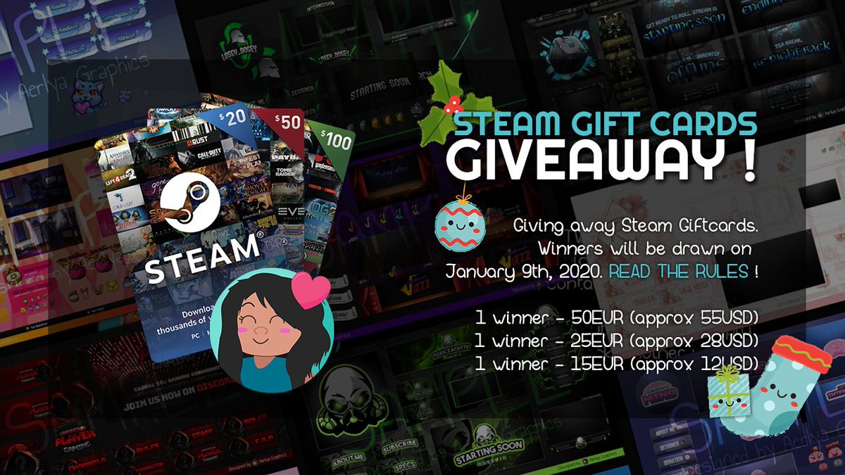 AerlyaGraphics's tweet photo. HI I JUST WOKE UP SO LET'S ANNOUNCE THE GIVEAWAY !

🎁 I'm giving away 3 @Steam #giftcards (50EUR, 25EUR and 15EUR). Winners will be drawn and announced on Jan 9th, 2020 ! 

🎁 HOW TO ENTER :
• Retweet the Giveaway
• that's it lul

More info in the comments 💕 https://t.co/DIgbJ6HVSF